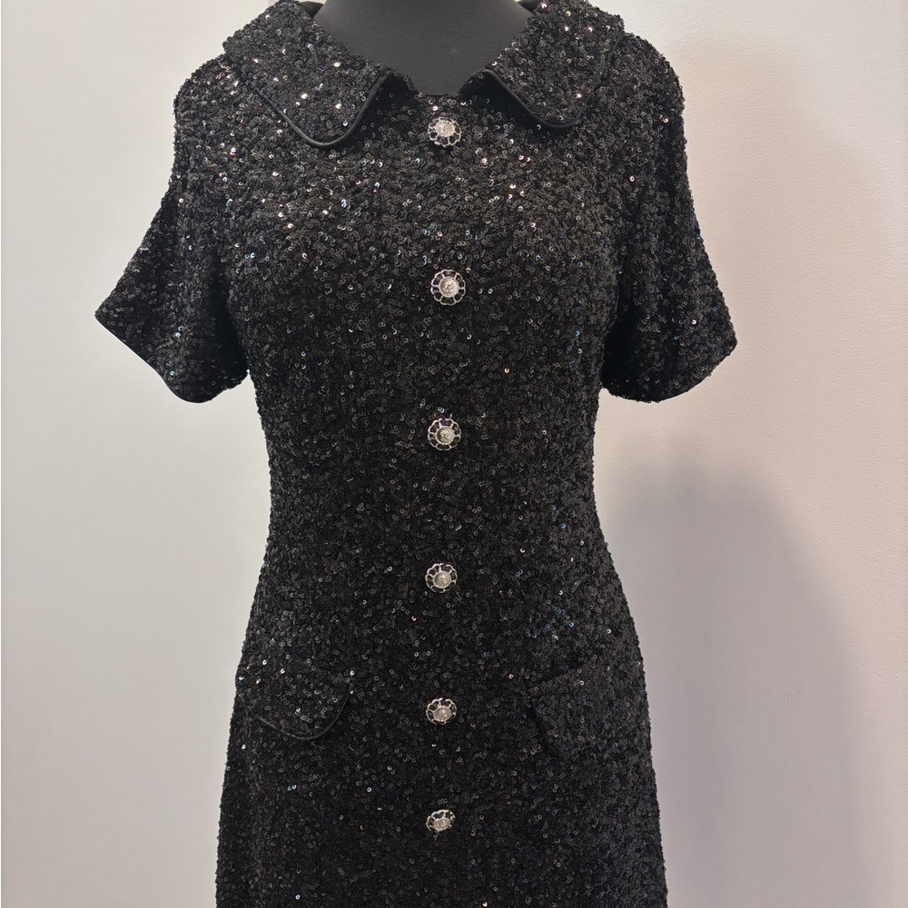 MARBLE Black Sequin Button-Up Mini Dress